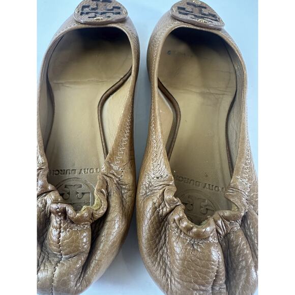 Tory Burch Reva Pebbled Leather Ballet Flats Royal Tan Camel Women Shoe Size 7M - Picture 8 of 16
